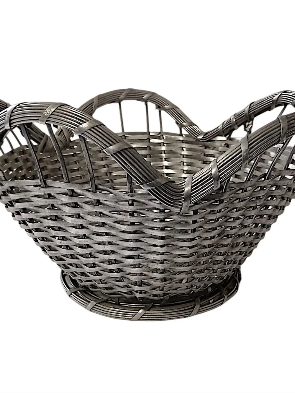 French Woven Wire Basket Vintage Silver Tone Scalloped Edge Farmhouse Country